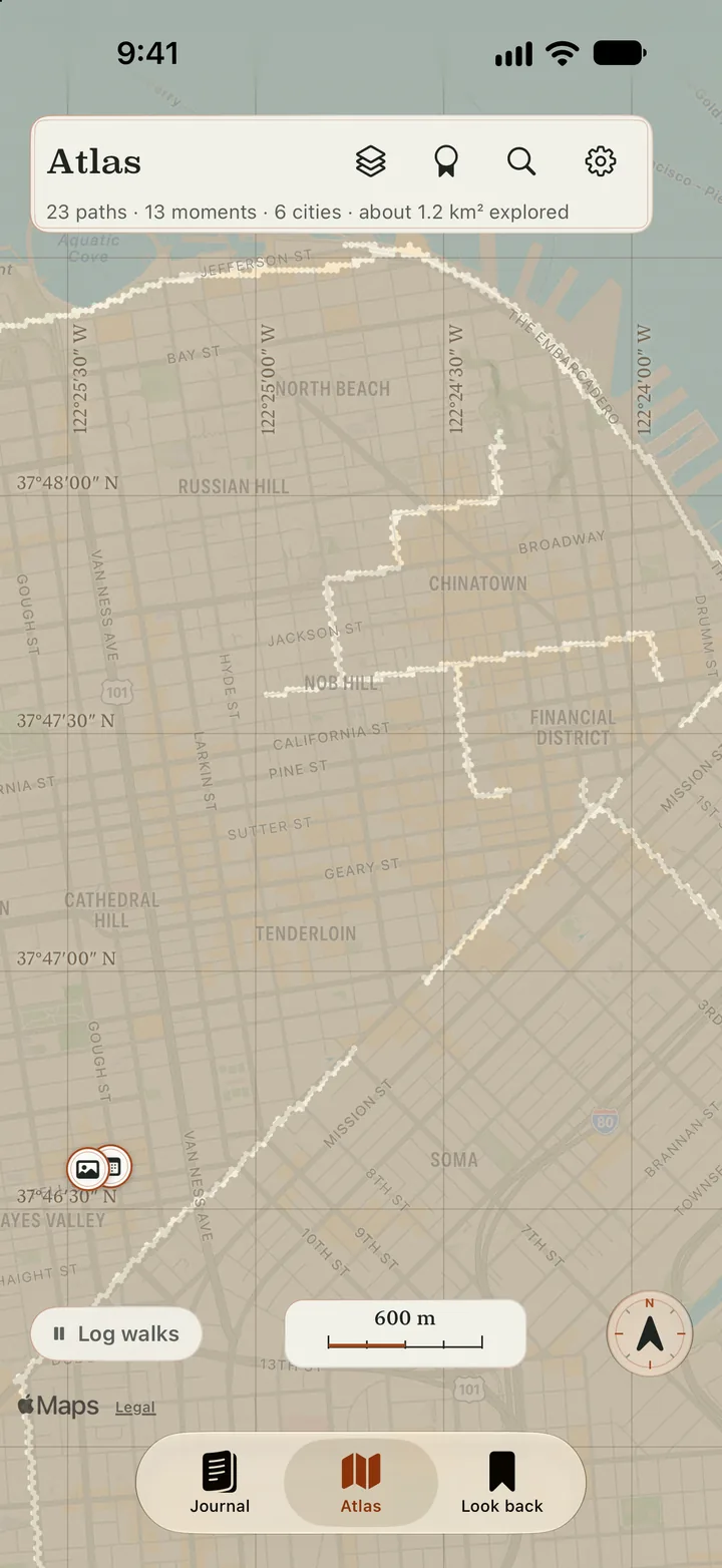 The Atlas: paths across San Francisco, with photos pinned where they were taken.