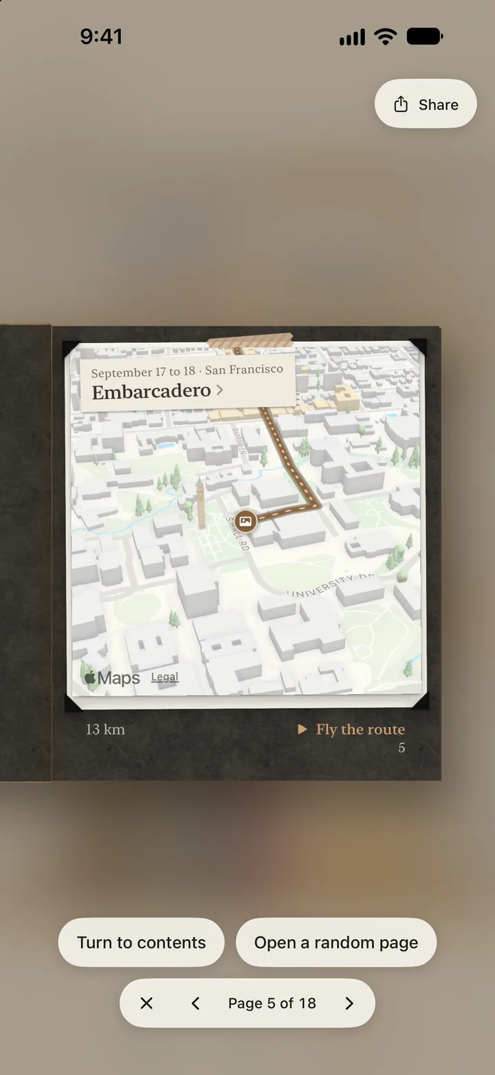 A walk along the Embarcadero, its route flying in 3D on a scrapbook page.